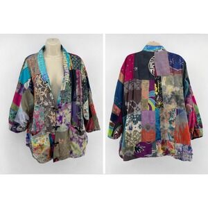 Patchwork Jacket Kimono Reversible Metal Toggles Oversized One Size Artsy Boho